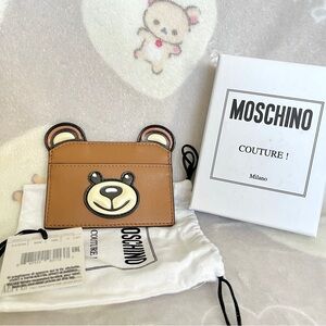 $240 Moschino Women's Brown Leather Teddy Bear Card Holder Kawaii Made in Italy